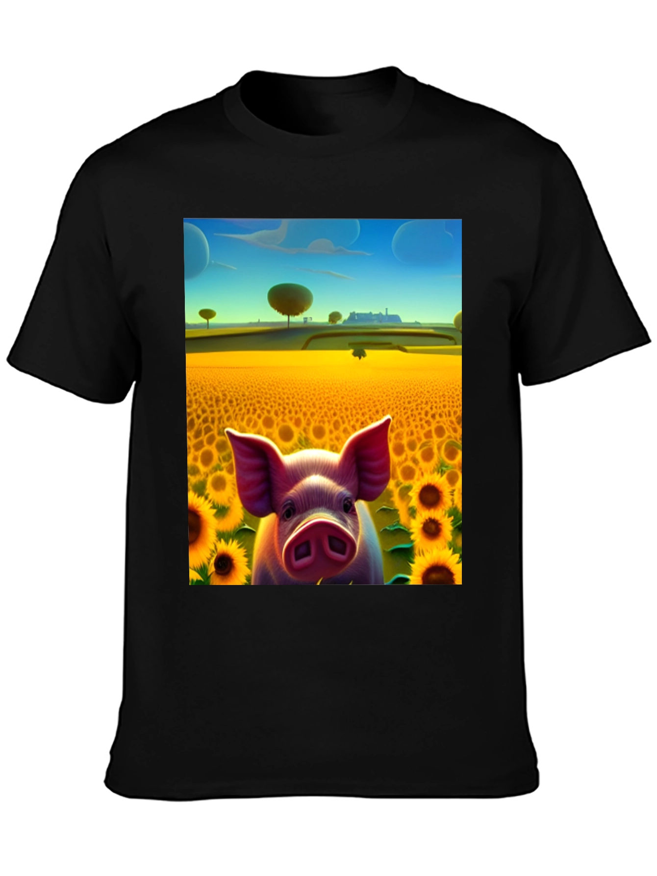 Black Pig in Sunflower Field Graphic Tee view 3