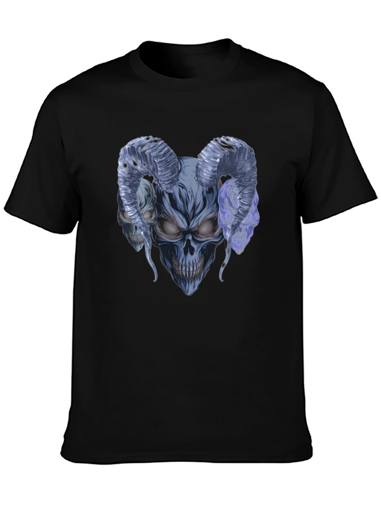 Black Skull Horns Graphic Tee - Men's Black Cotton T-Shirt view 3