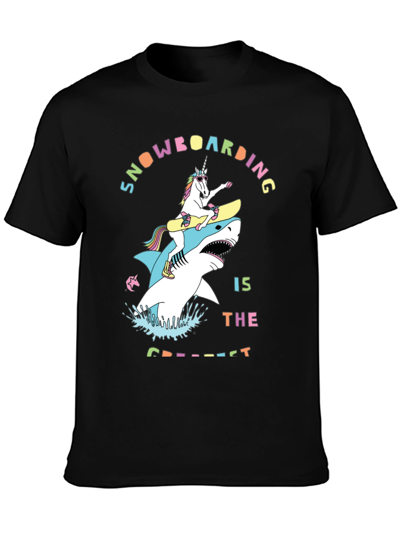 Black Snowboarding Shark & Unicorn Graphic Tee view 3