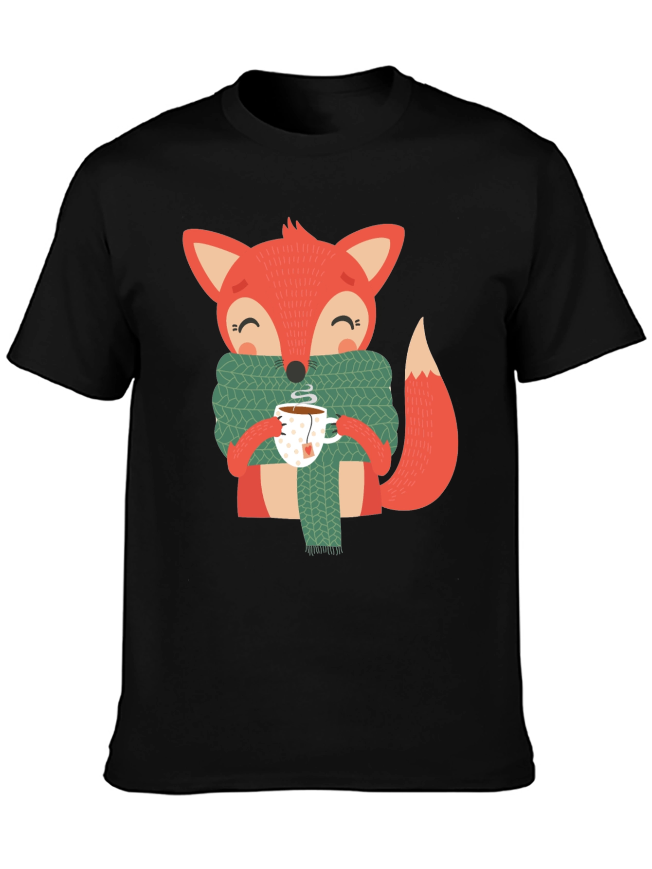 Black Cute Fox Winter Tee - Snug Scarf & Hot Tea Design view 3
