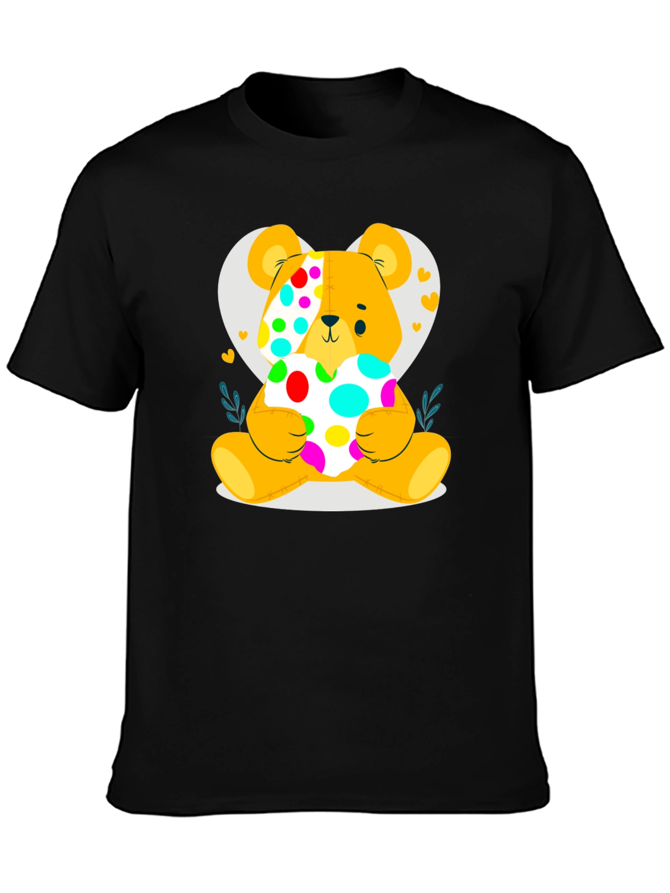 Black Cute Teddy Bear Holding a Polka Dot Heart Black T-Shirt view 3