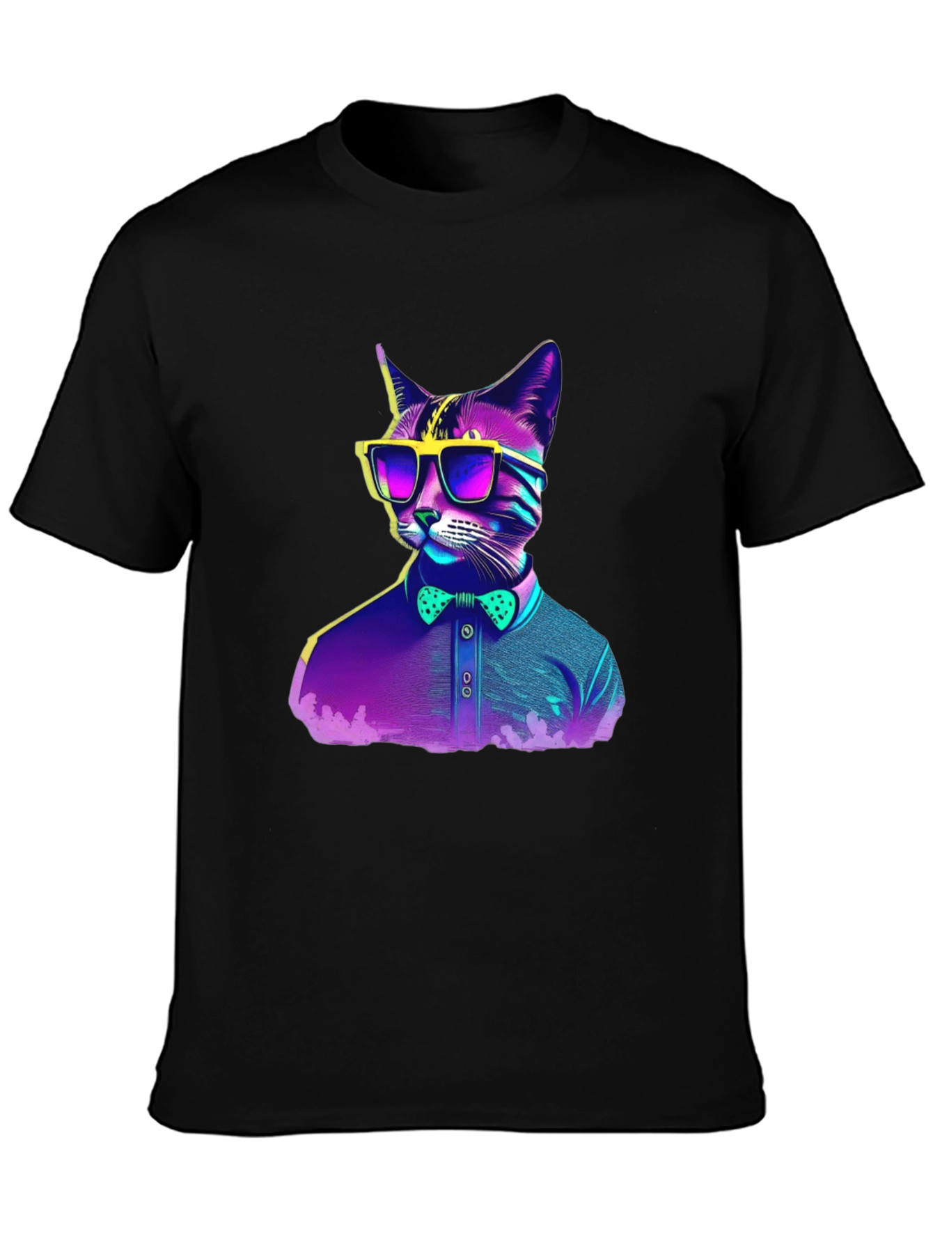 Black Hipster Cat T-Shirt - Cool Neon Design view 3