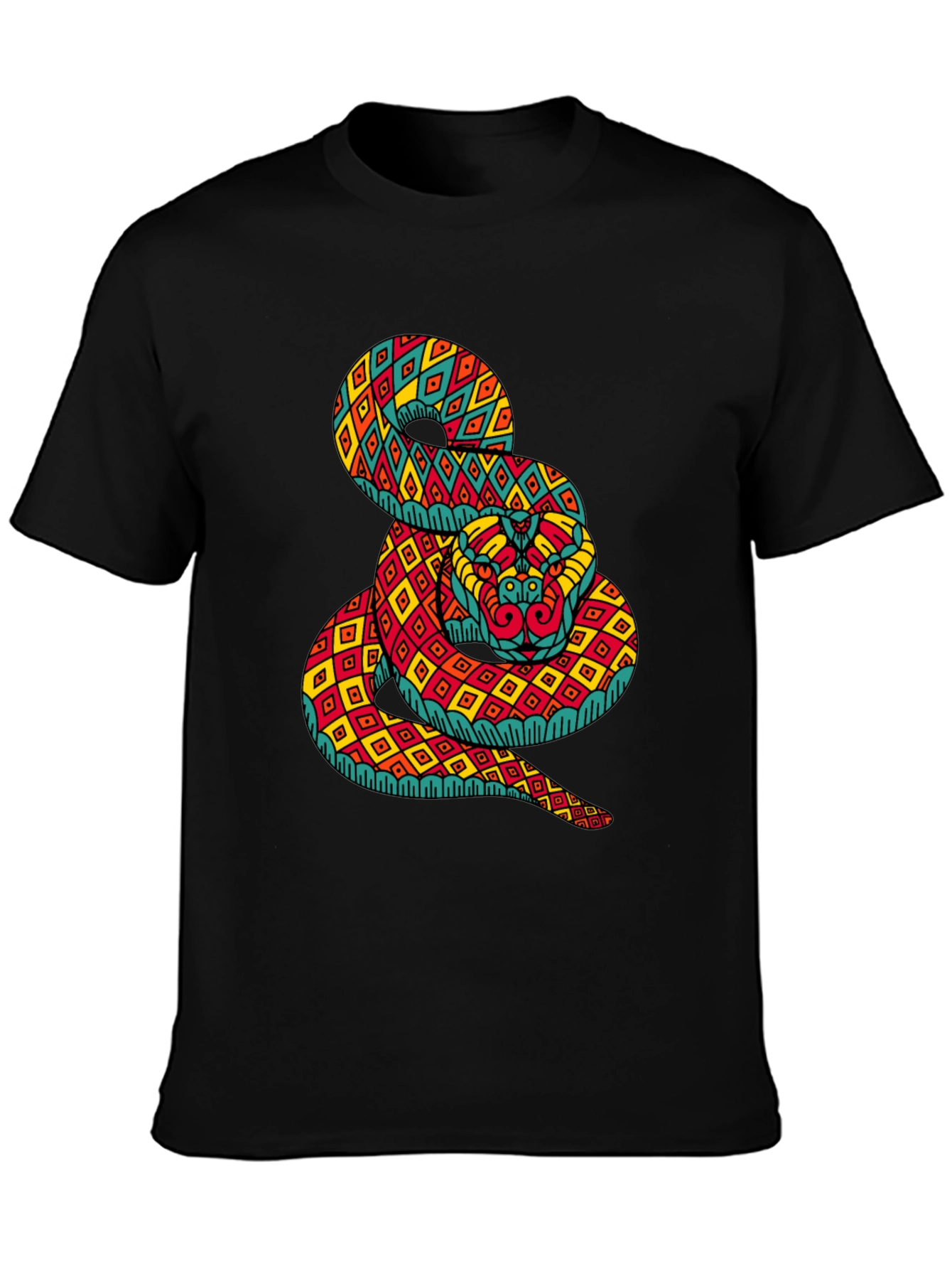 Black Geometric Snake Print Black T-Shirt view 3
