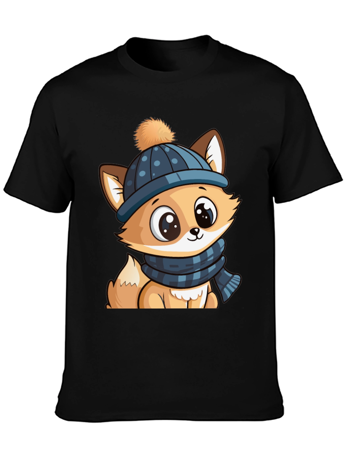 Black Cute Cartoon Fox with Winter Hat Graphic Tee view 3