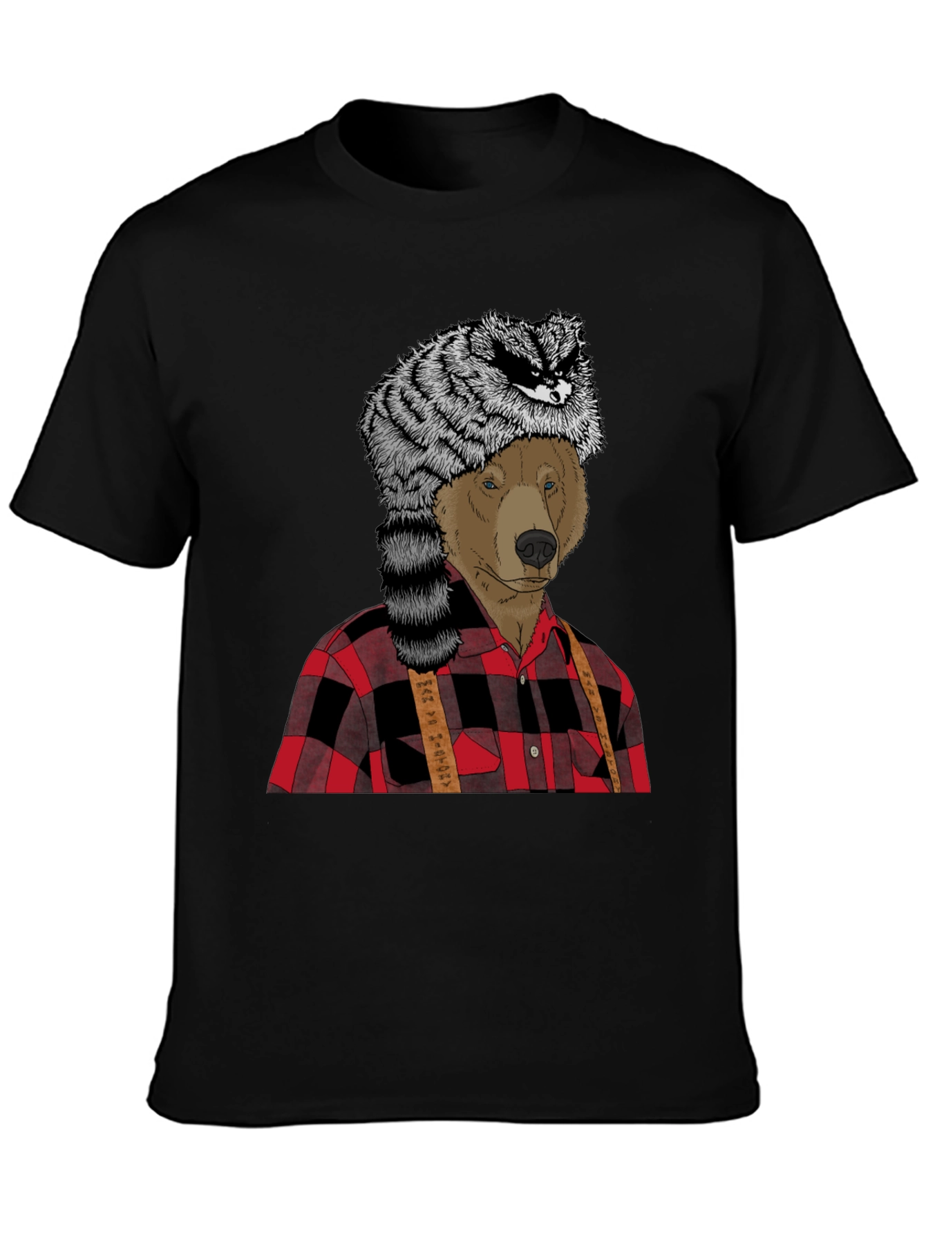 Black Bear in Raccoon Hat Lumberjack T-Shirt view 3