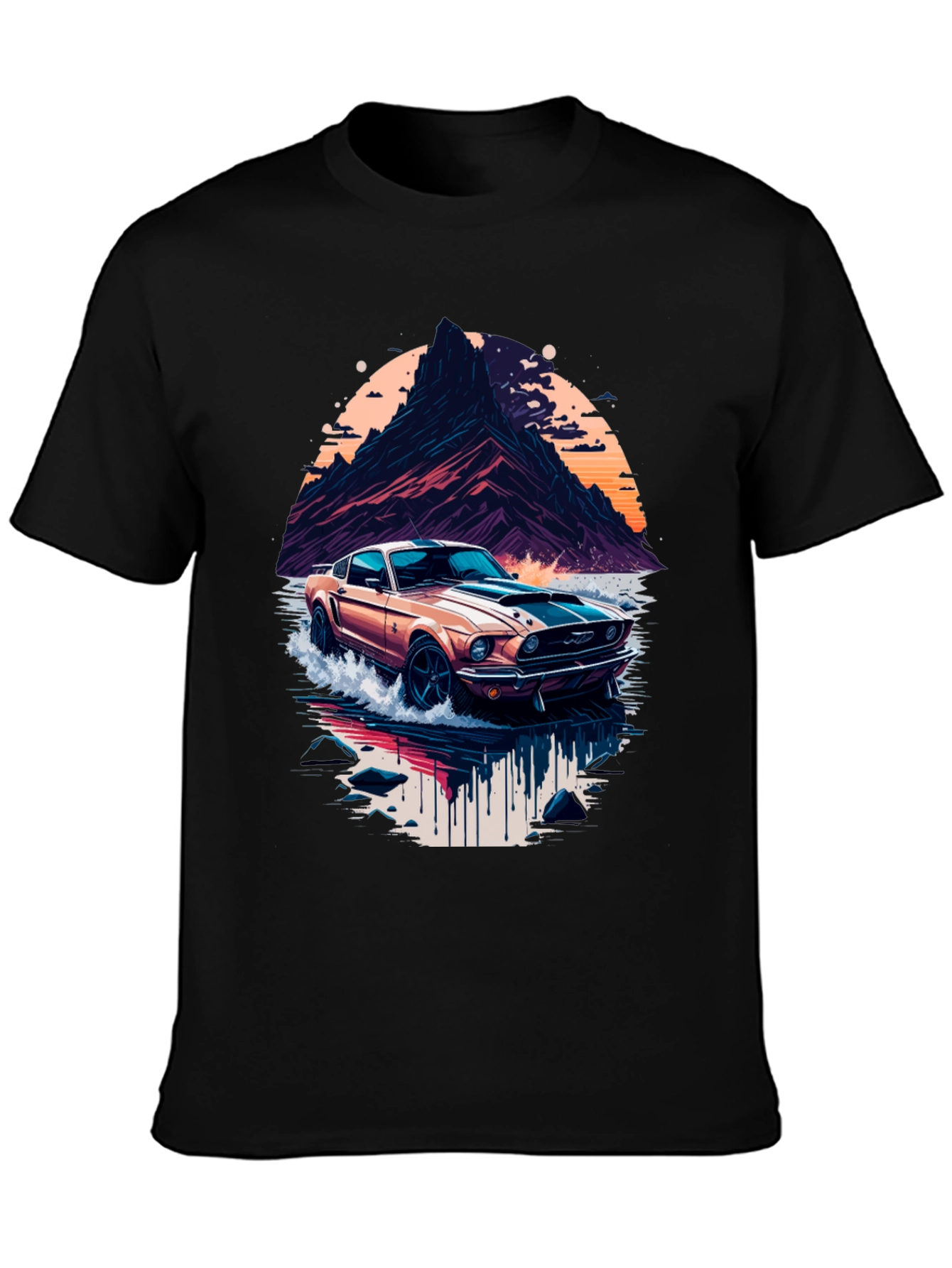 Black Retro Car Graphic Tee - Cool Mountainscape Design view 3