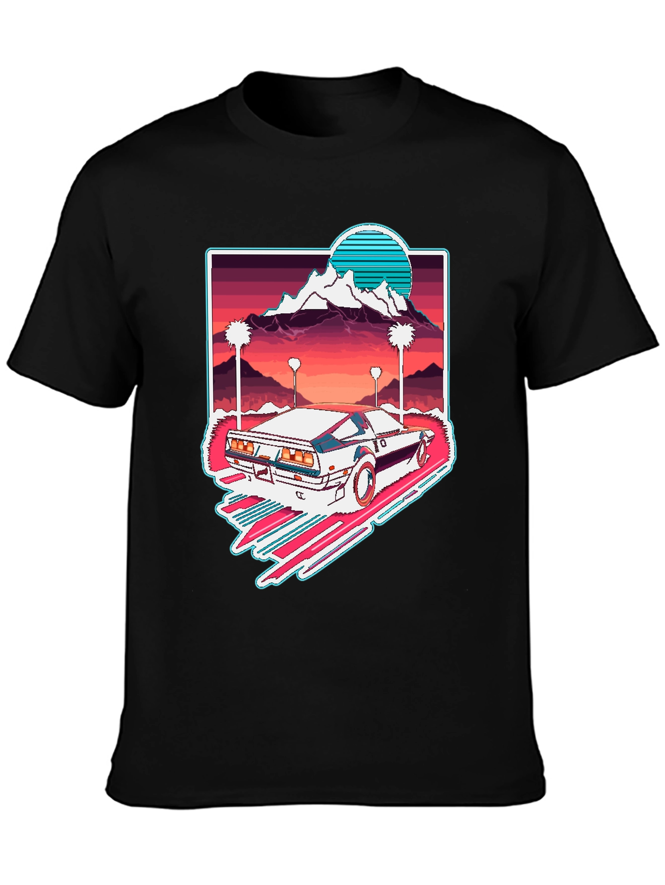 Black Retro Wave Car Graphic Tee - Synthwave Aesthetic T-Shirt view 3