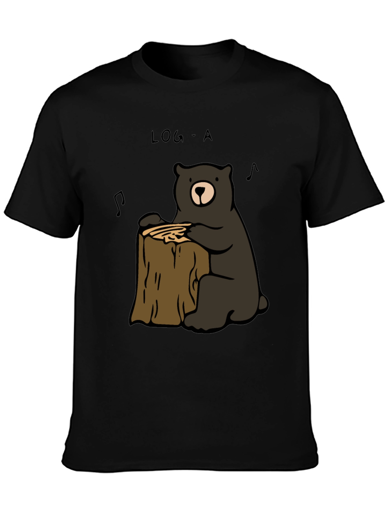 Black Log-A Bear T-Shirt - Music Loving Bear on Wood Stump view 3