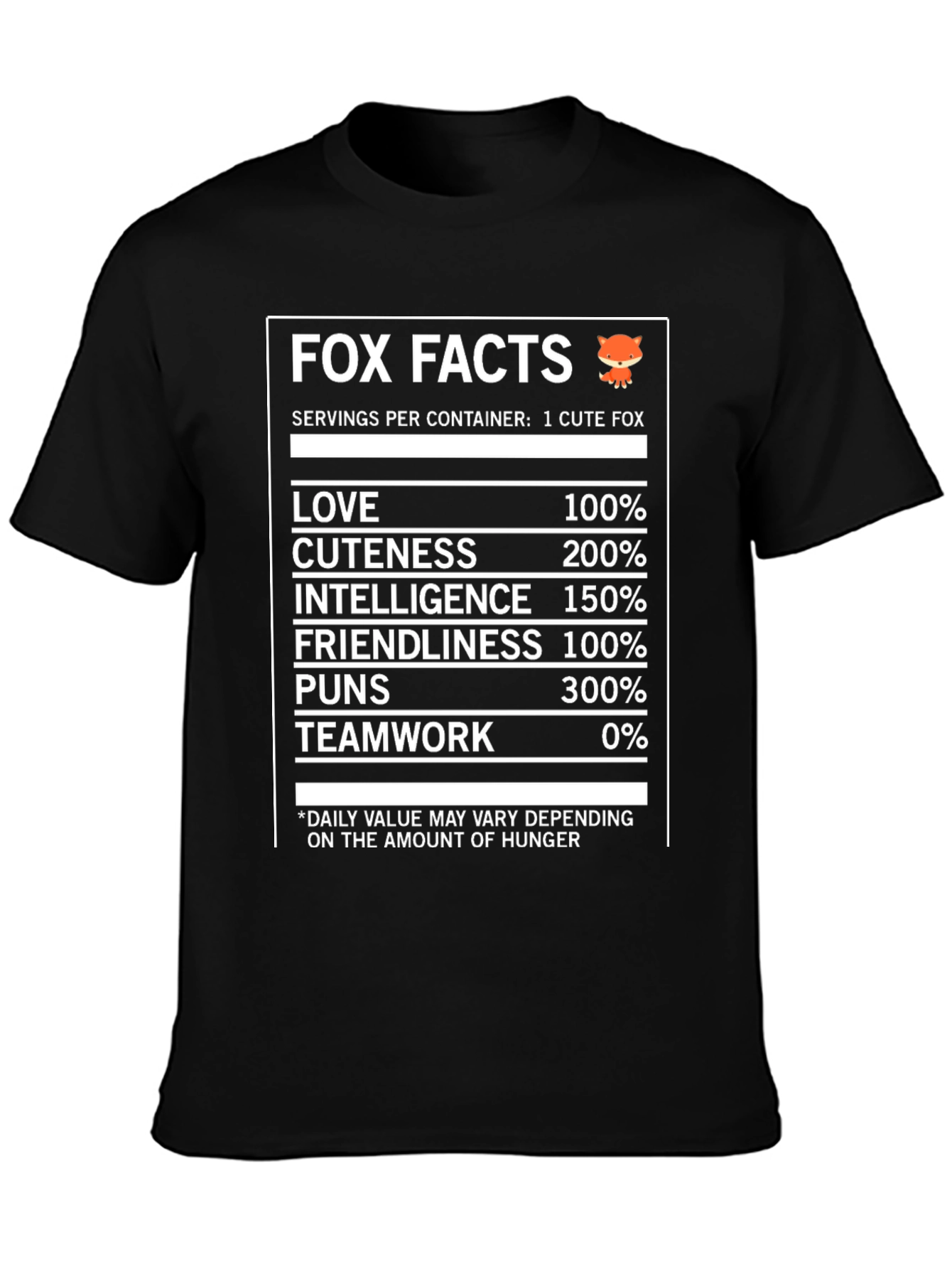 Black Fox Facts Nutrition T-Shirt - Love, Cuteness & Intelligence view 3