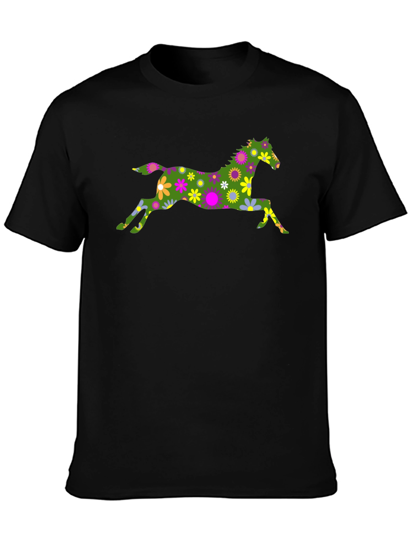 Black Floral Horse Graphic Tee - Black Cotton T-Shirt view 3