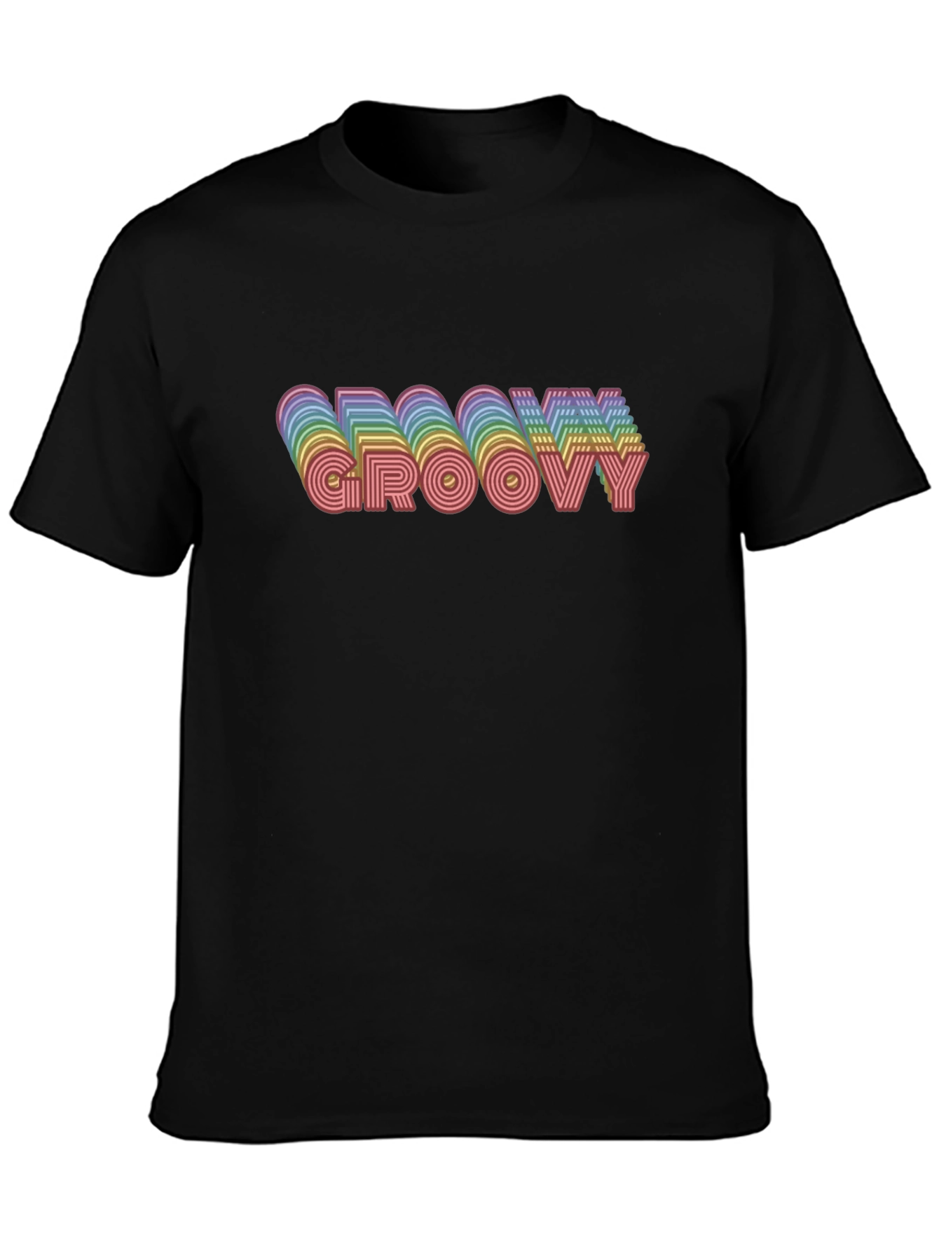 Black Groovy Retro Rainbow Graphic Tee - Black Cotton T-Shirt view 3
