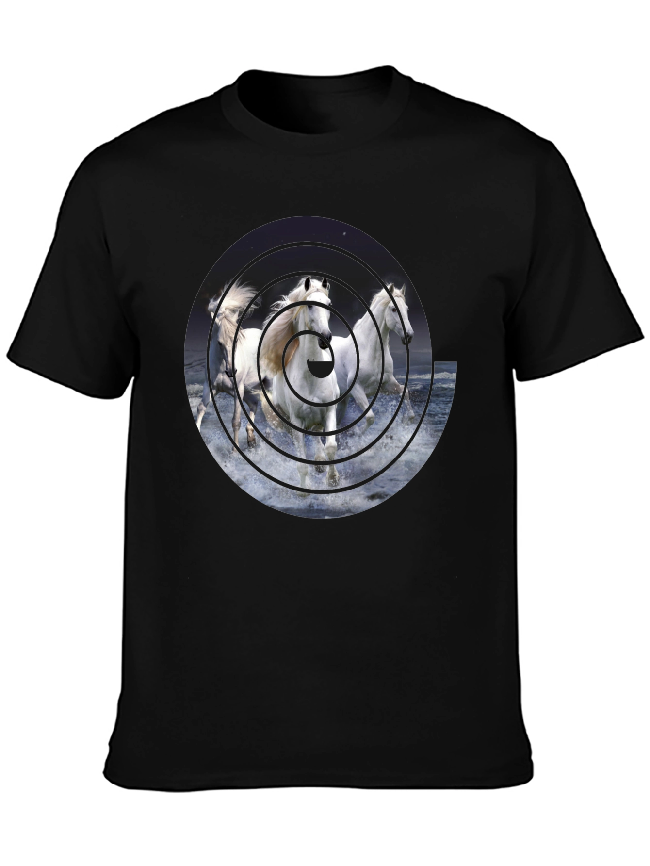 Black Equine Vortex Black T-Shirt - Unique Horse Design view 3