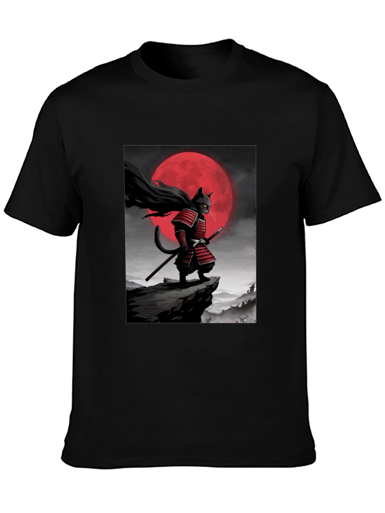 Black Samurai Cat Graphic T-Shirt view 3