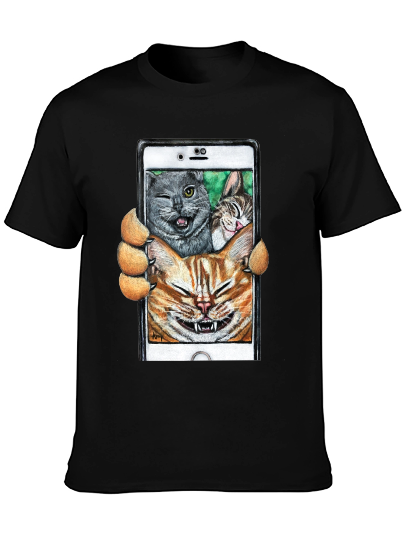 Black Funny Cat Selfie T-Shirt view 3
