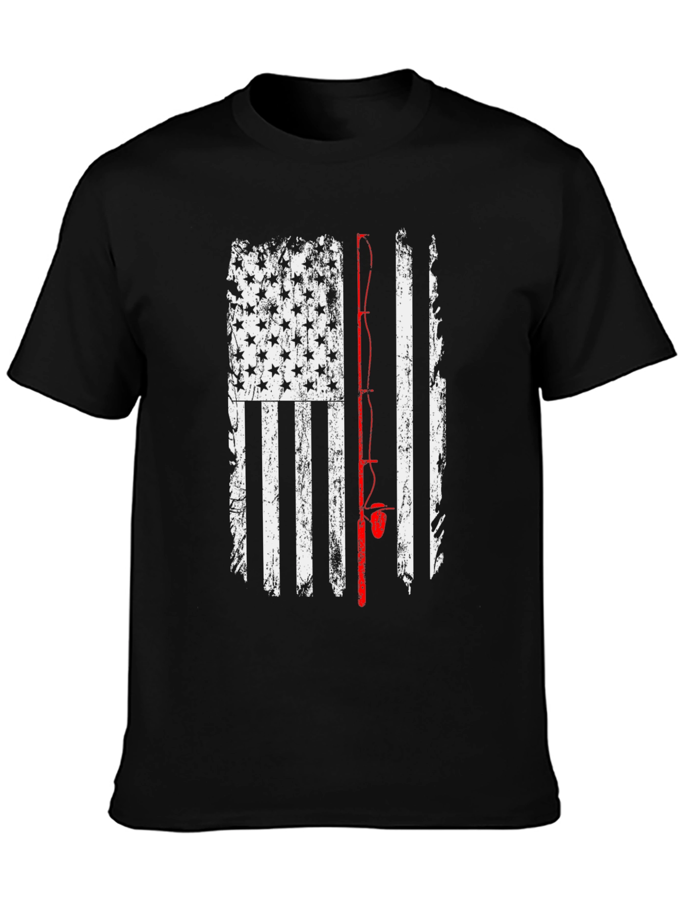 Black American Flag Fishing Rod T-Shirt - Patriotic Angler Tee view 3