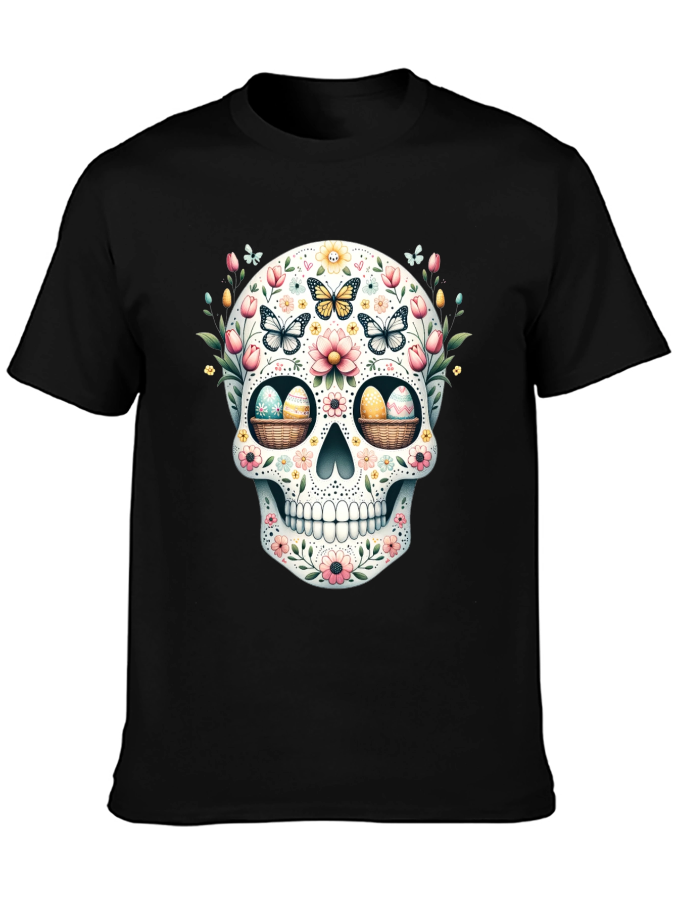 Black Floral Skull Easter Egg T-Shirt view 3