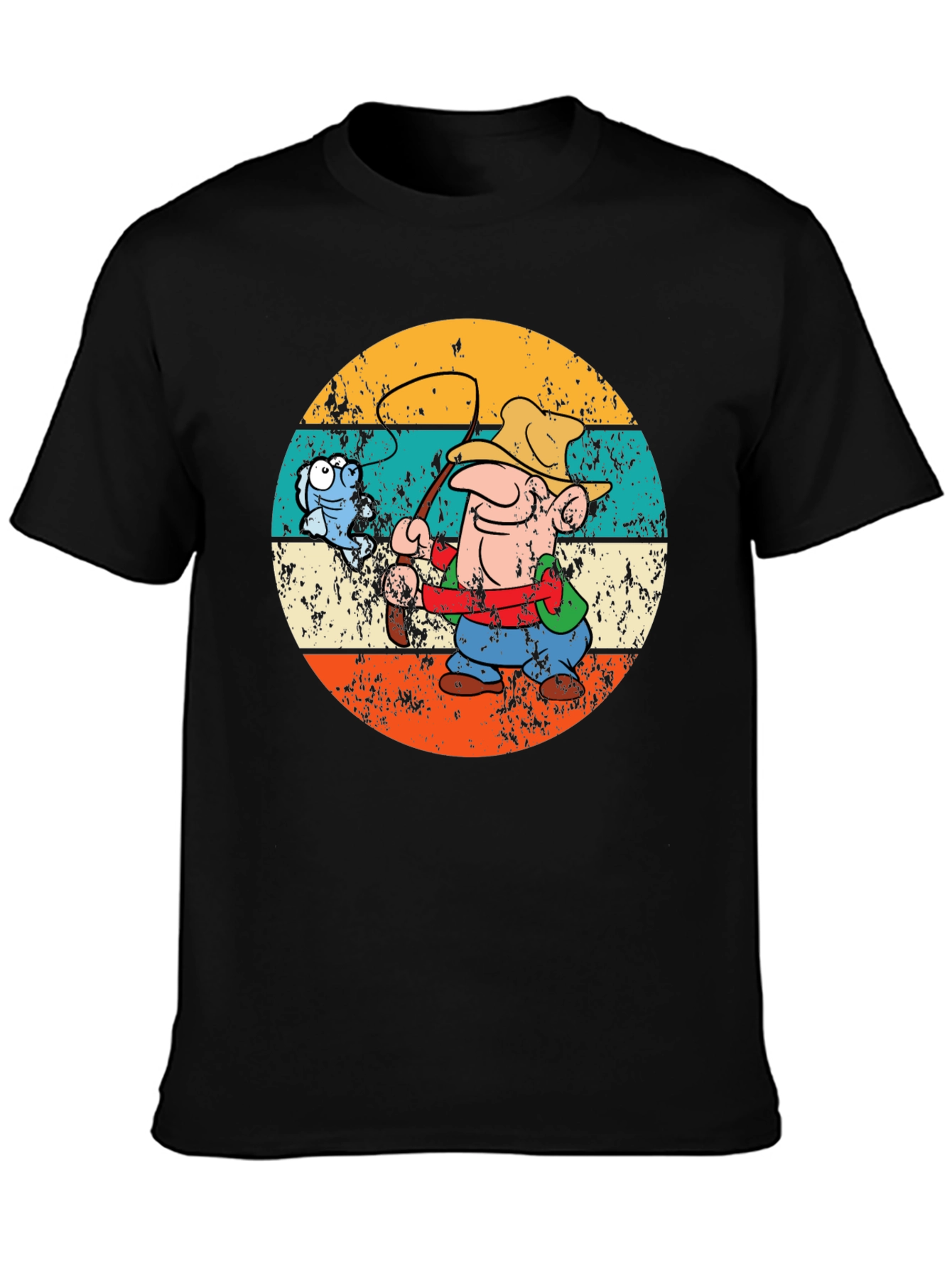 Black Retro Fishing Cartoon T-Shirt view 3