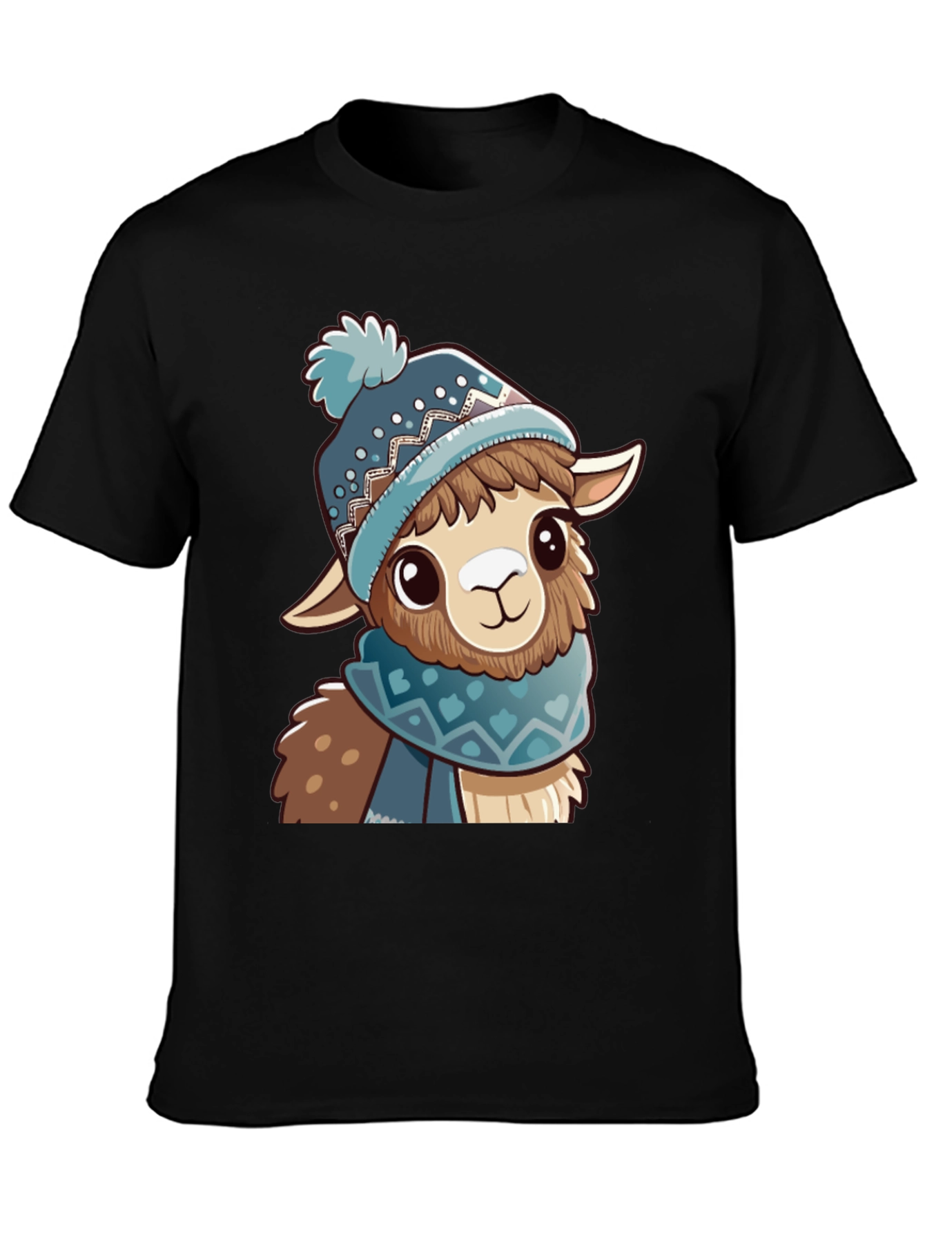 Black Cute Llama in Winter Hat Black T-Shirt view 3