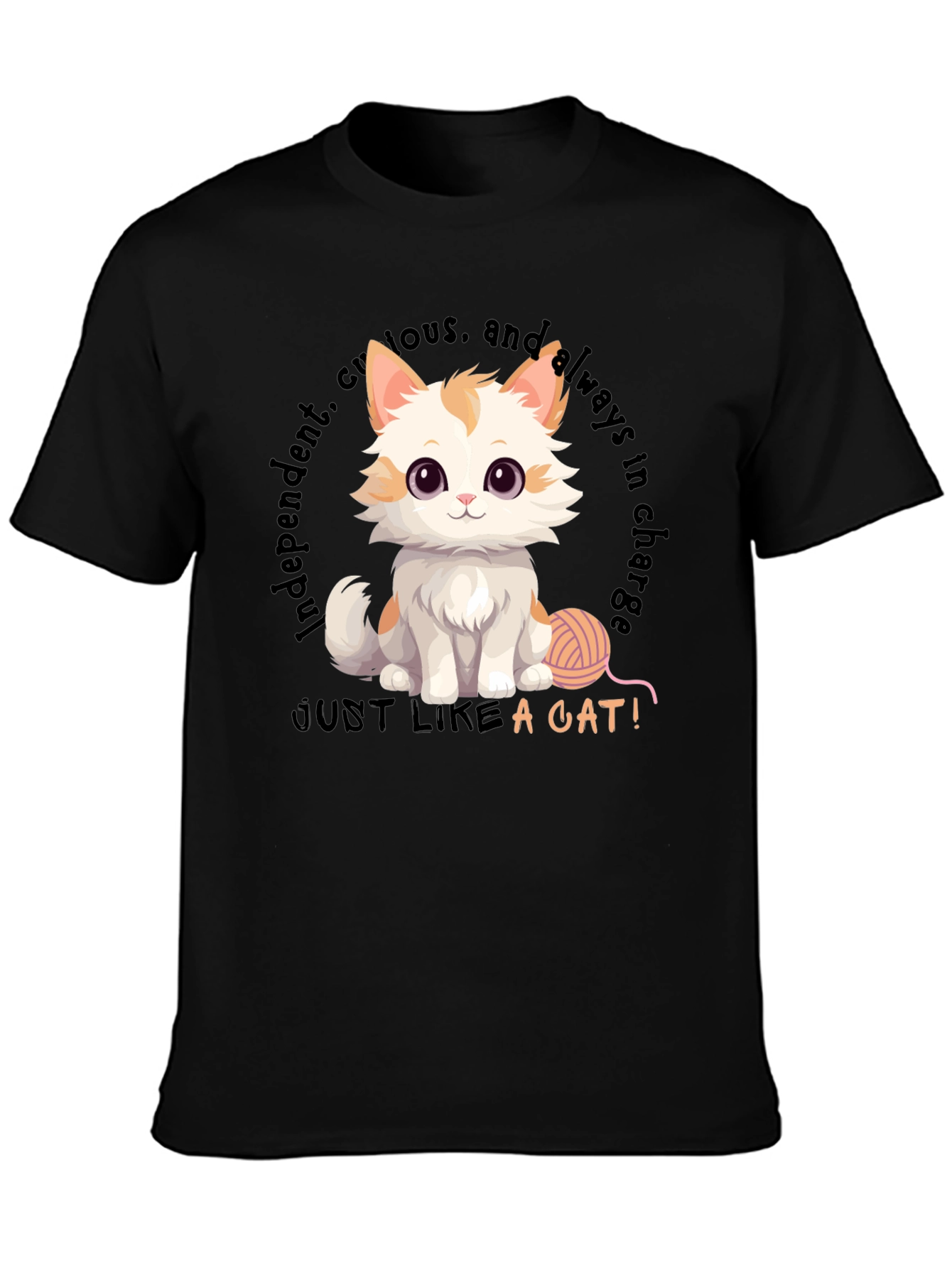 Black Cute Cat T-Shirt - Independent & Curious Design view 3