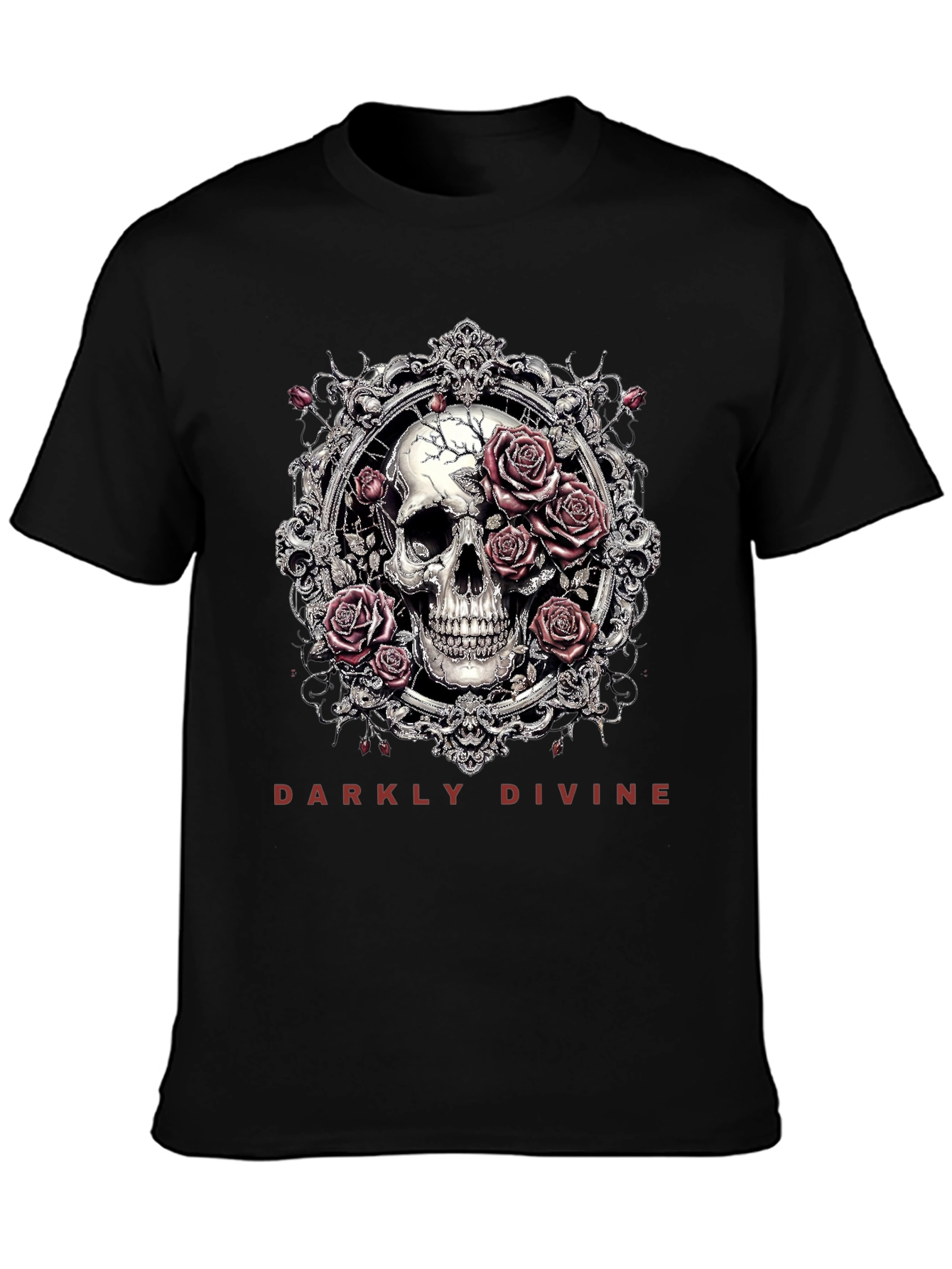 Black Darkly Divine Skull & Roses Graphic T-Shirt view 3