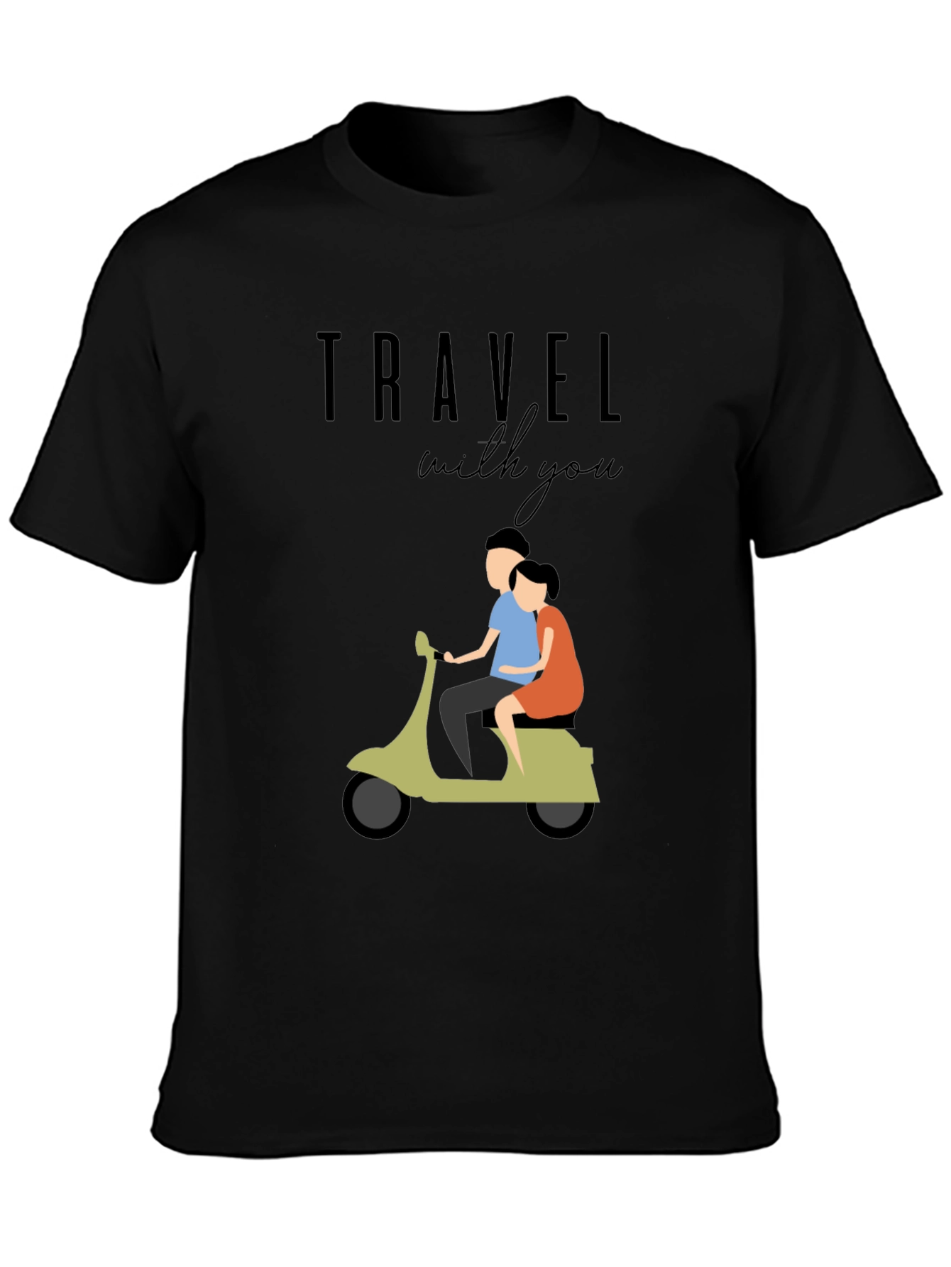 Black Travel With You Graphic Tee - Stylish Couple Scooter Design view 3