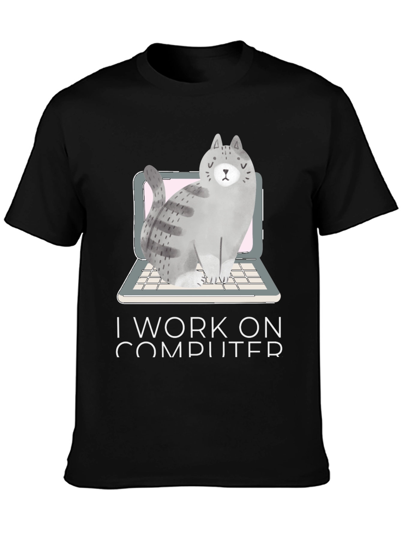 Black Cat on Laptop T-Shirt - I Work on Computer view 3