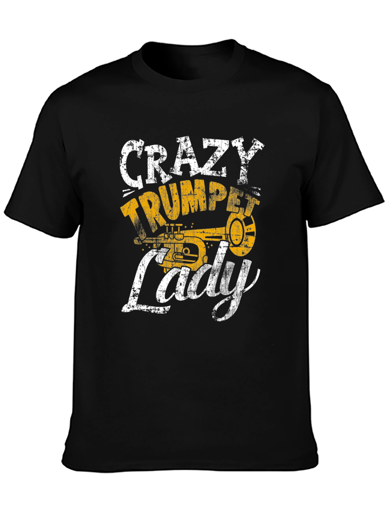 Black Crazy Trumpet Lady Graphic T-Shirt - Musician Tee view 3