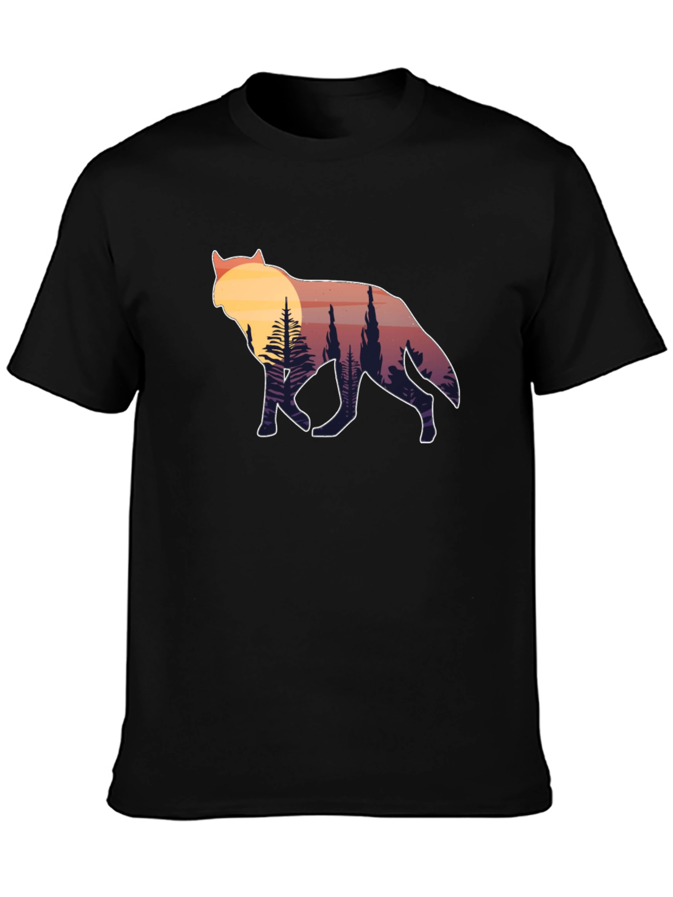 Black Wolf Silhouette Graphic Tee - Sunset Forest Design view 3
