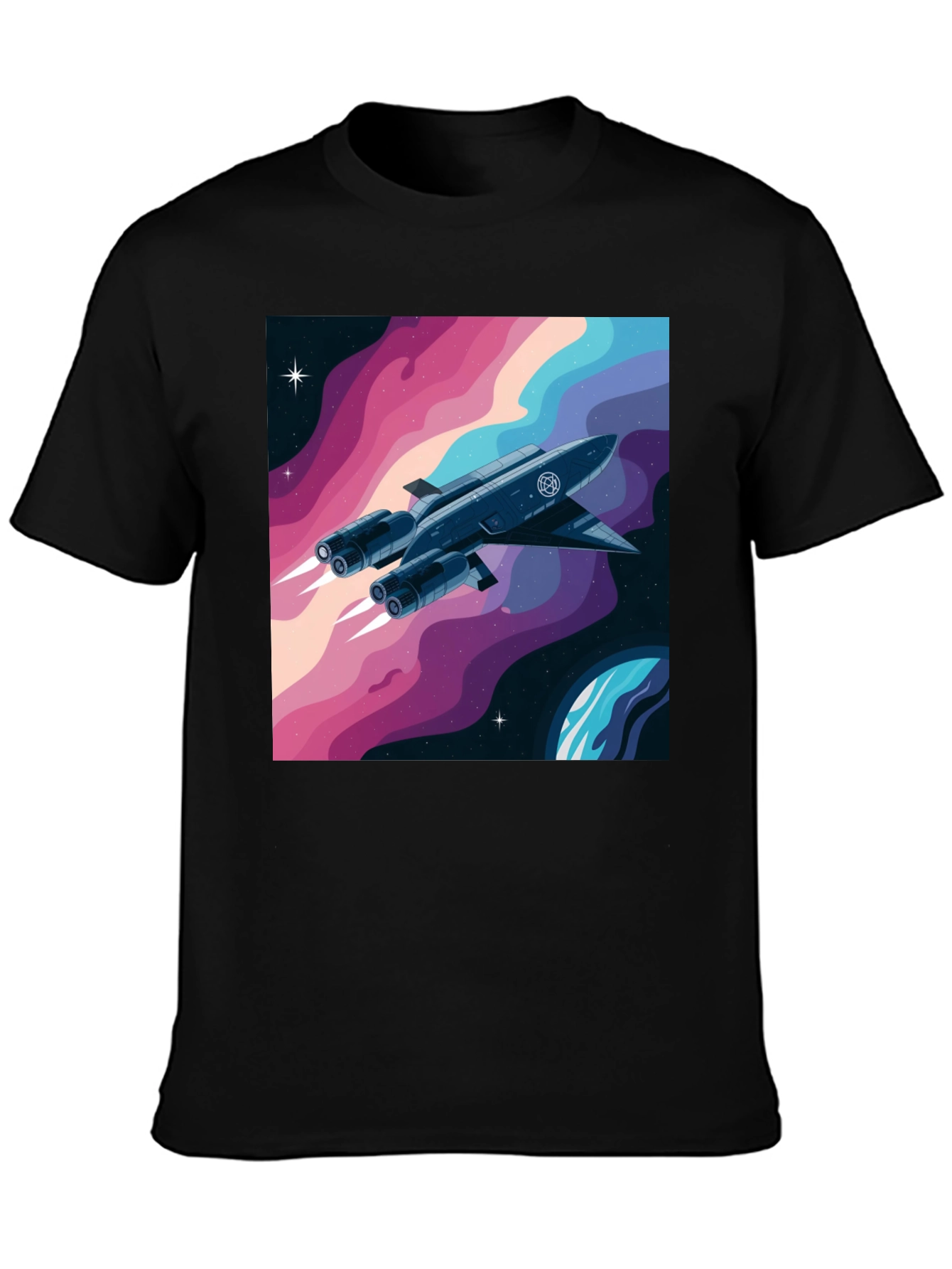 Black Retro Space Rocket Graphic Tee view 3