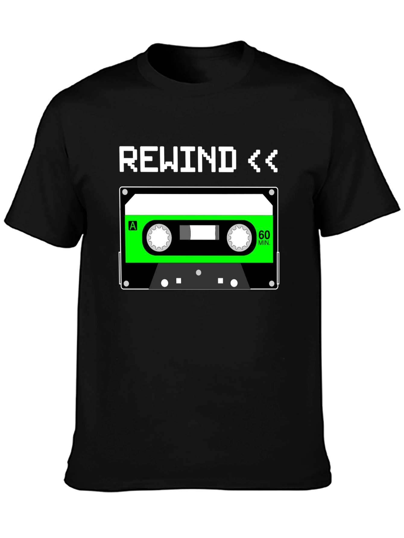 Black Retro Rewind Cassette Tape Graphic Tee - 80s Nostalgia T-Shirt view 3