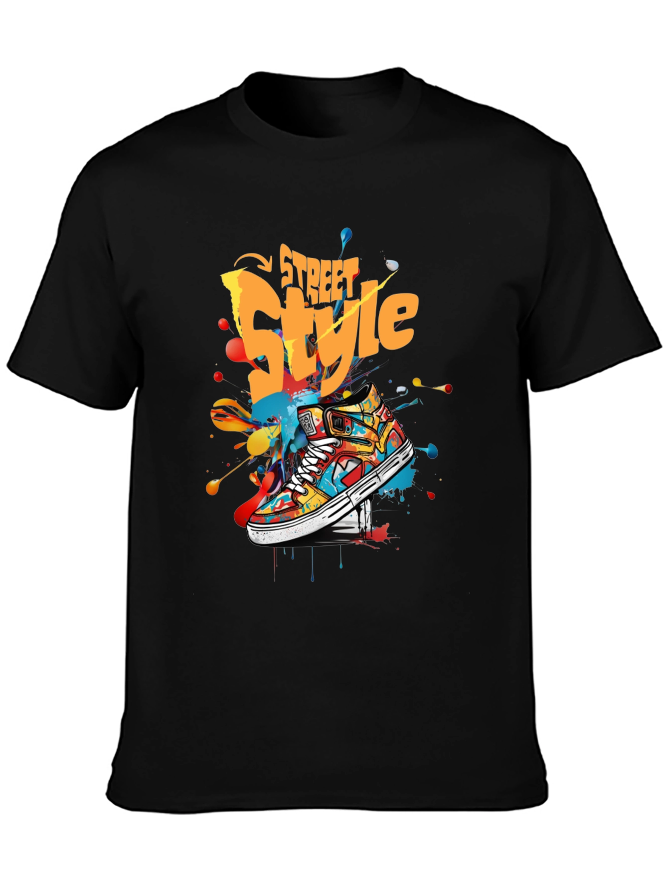 Black Street Style Graphic Tee - Colorful Sneaker Design view 3