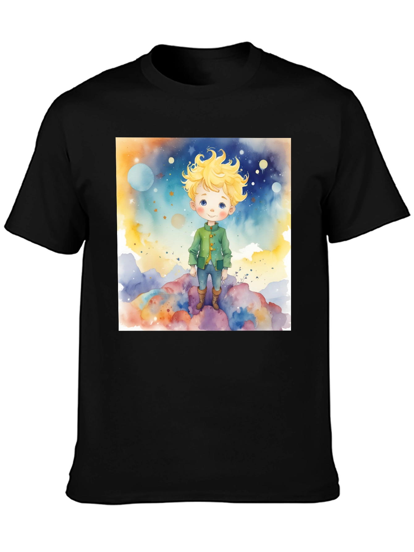 Black Little Prince Watercolor Graphic Tee - Soft Cotton Blend view 3