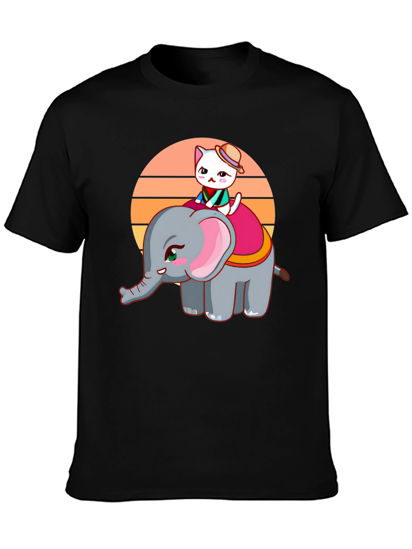 Black Cute Cartoon Elephant and Cat Graphic Tee view 3