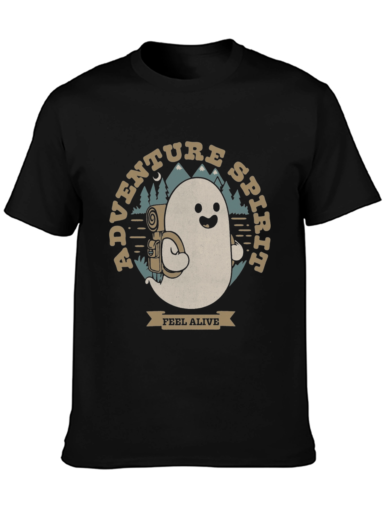 Black Adventure Spirit T-Shirt: Ghost with Backpack view 3