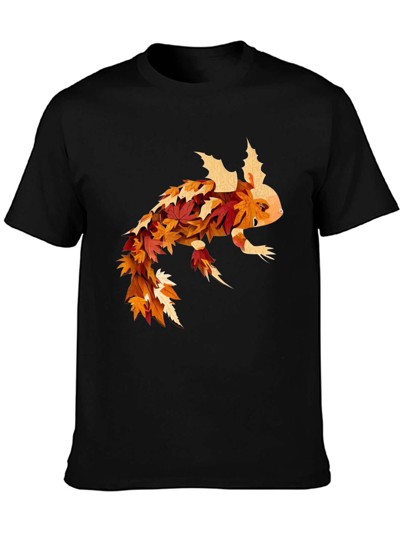 Black Fall Axolotl T-Shirt - Autumn Leaf Design view 3