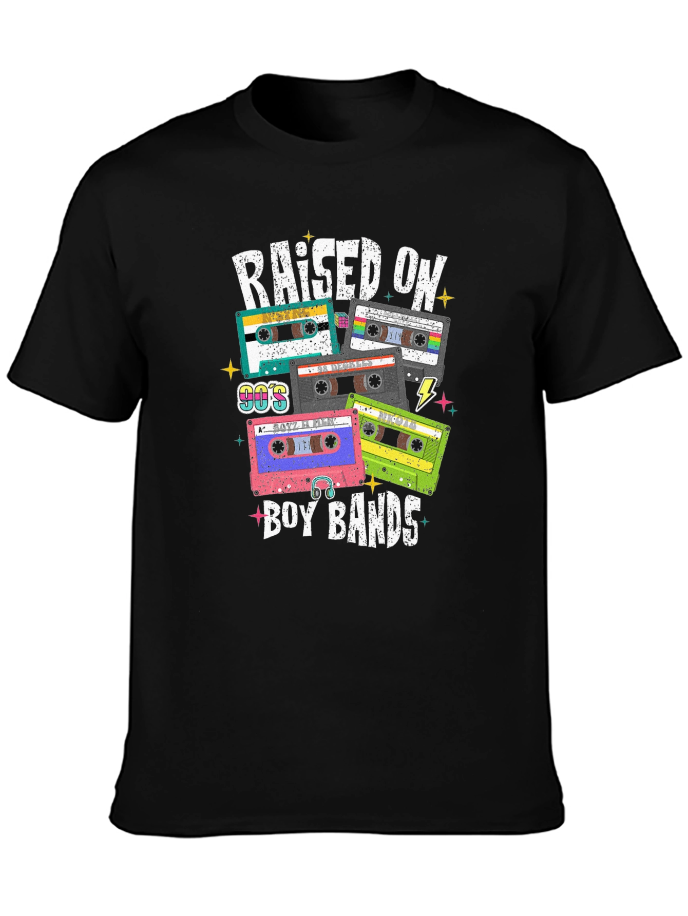 Black Raised on Boy Bands 90s Cassette Tape T-Shirt view 3