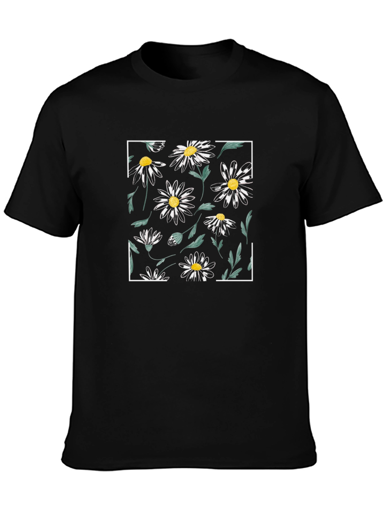 Black Daisy Pattern Black T-Shirt view 3