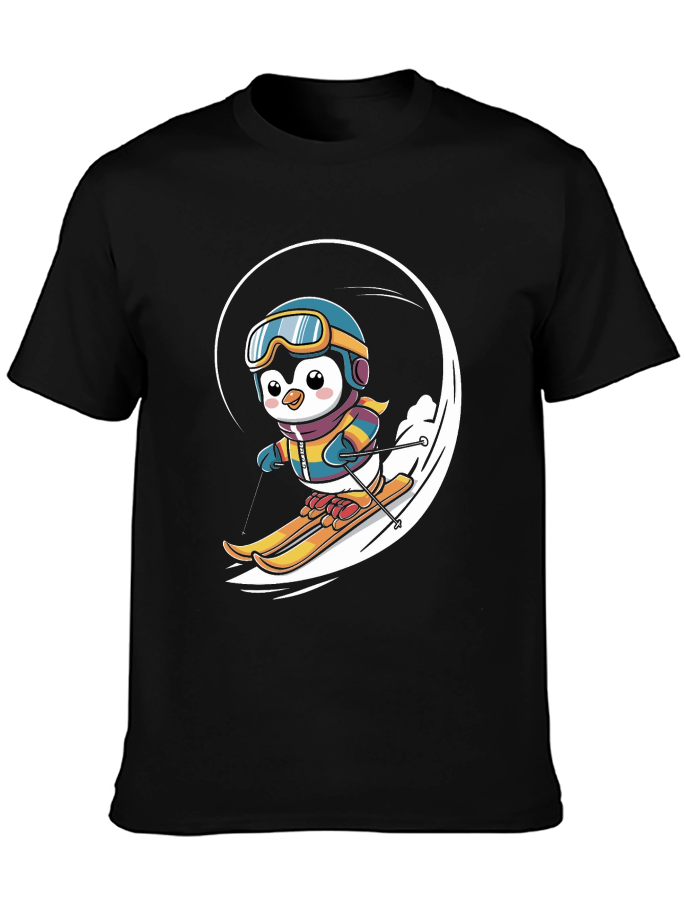Black Penguin Skiing Graphic Tee - Winter Fun T-Shirt view 3