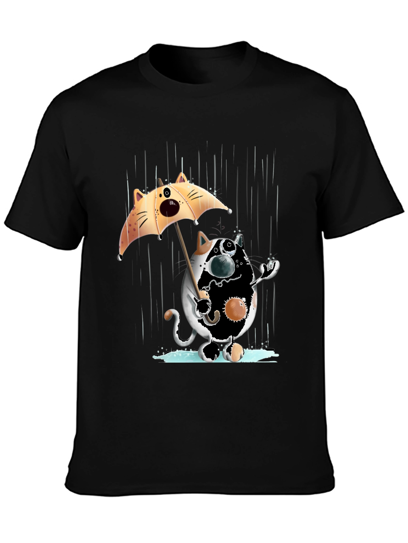 Black Funny Cat in Rain Graphic T-Shirt view 3