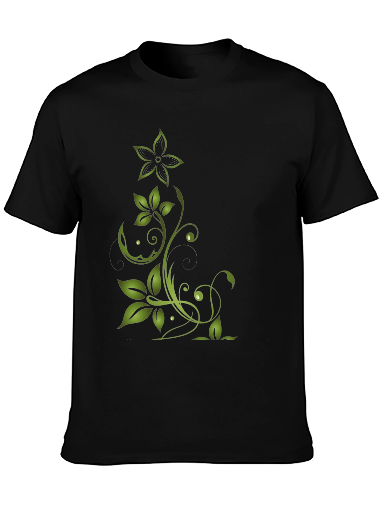 Black Green Floral Design Black T-Shirt view 3