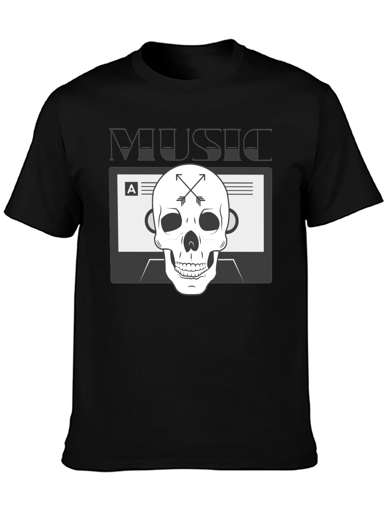Black Music Skull Graphic Tee - Black Cotton Blend T-Shirt view 3