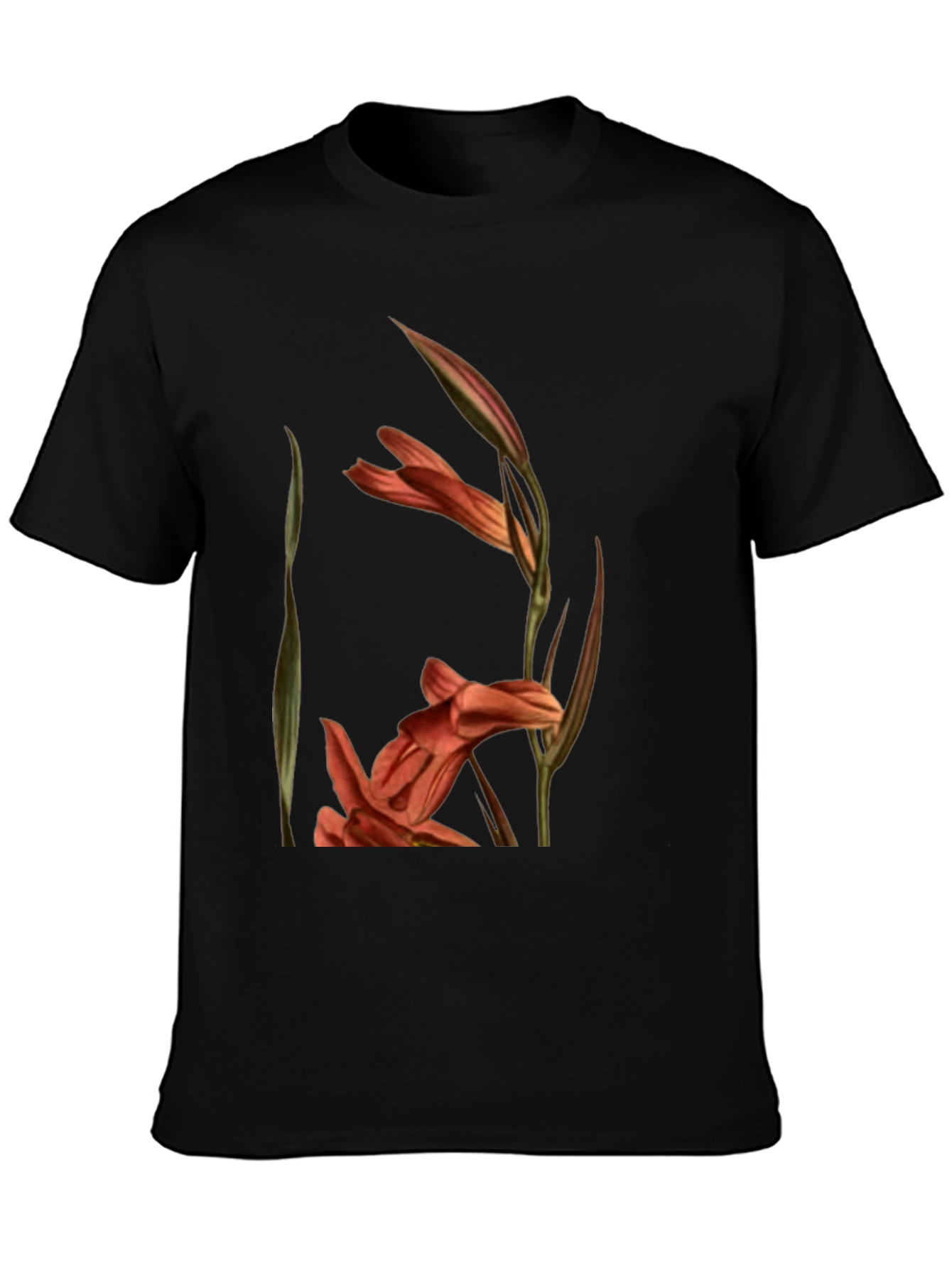 Black Floral Gladiolus Print Black T-Shirt view 3