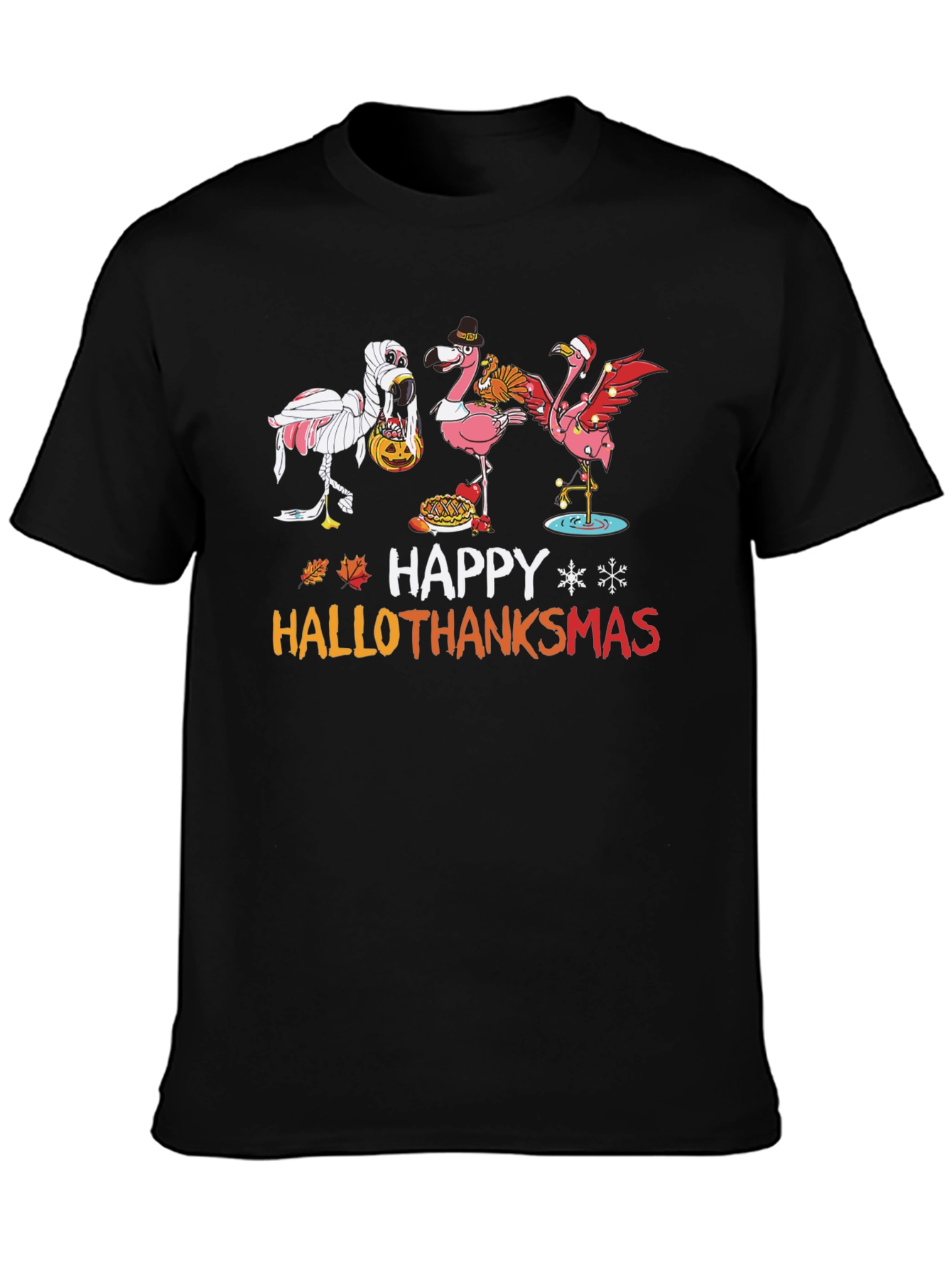 Black Happy Hallothanksmas Flamingo T-Shirt view 3