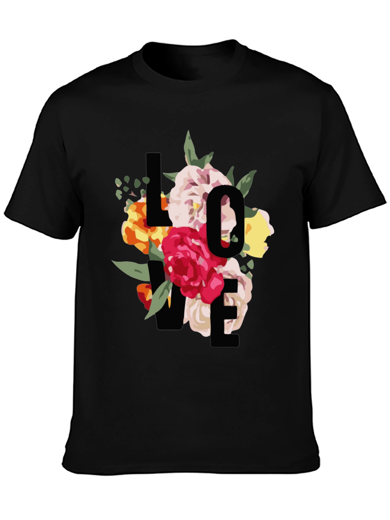 Black Floral Love Graphic Black T-Shirt view 3