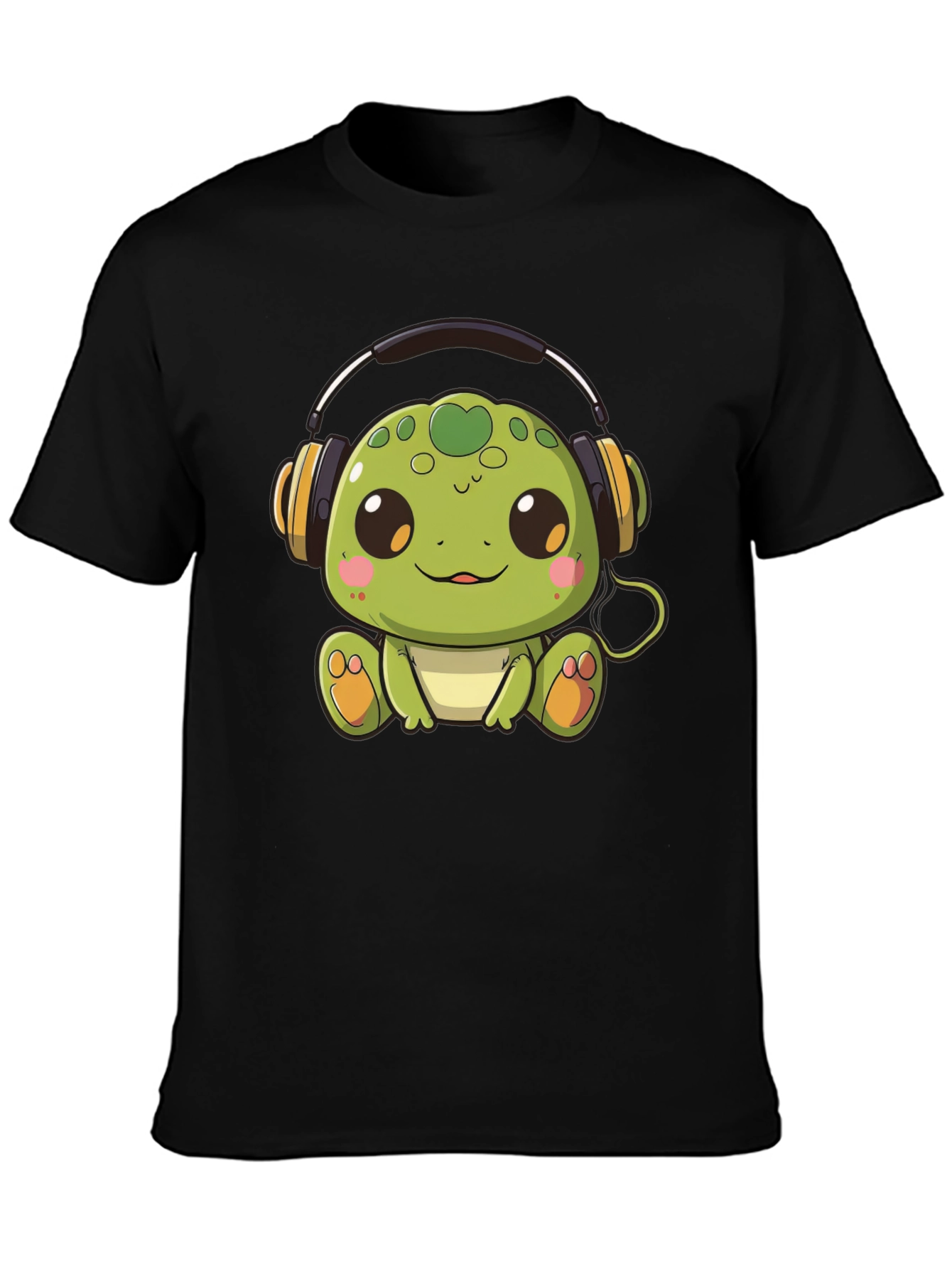 Black Cute Turtle with Headphones Black T-Shirt view 3
