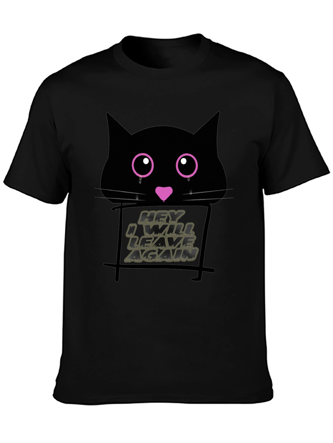 Black Crying Cat Graphic Print Tee - 'Hey I Will Leave Again' view 3