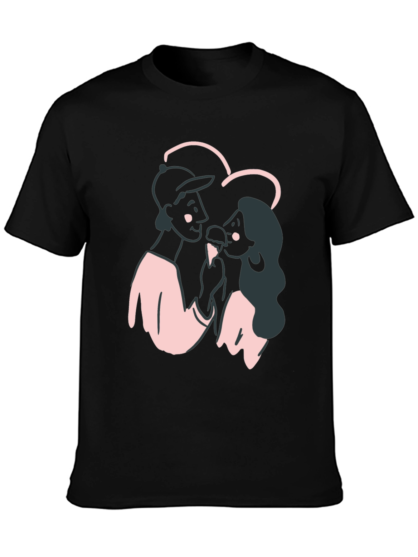 Black Couple's Cartoon Graphic Black T-Shirt view 3