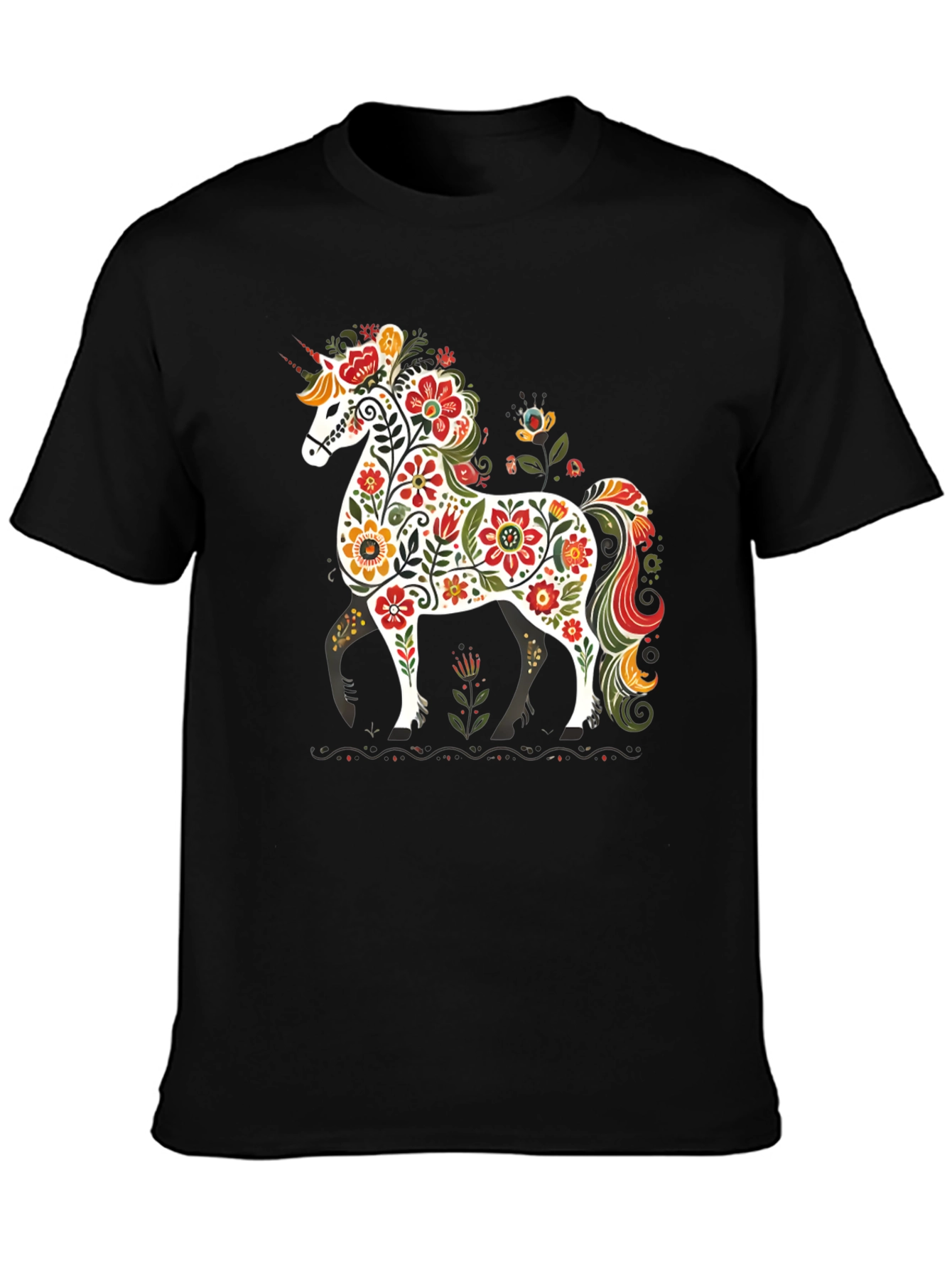 Black Floral Unicorn Graphic Tee - Black Unisex T-Shirt view 3