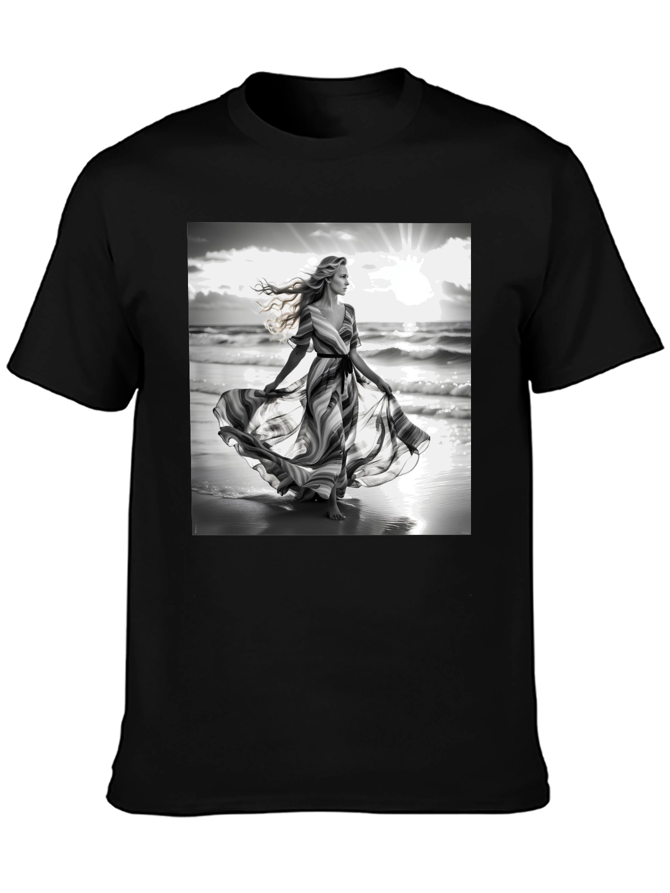 Black Elegant Woman on Beach T-Shirt view 3