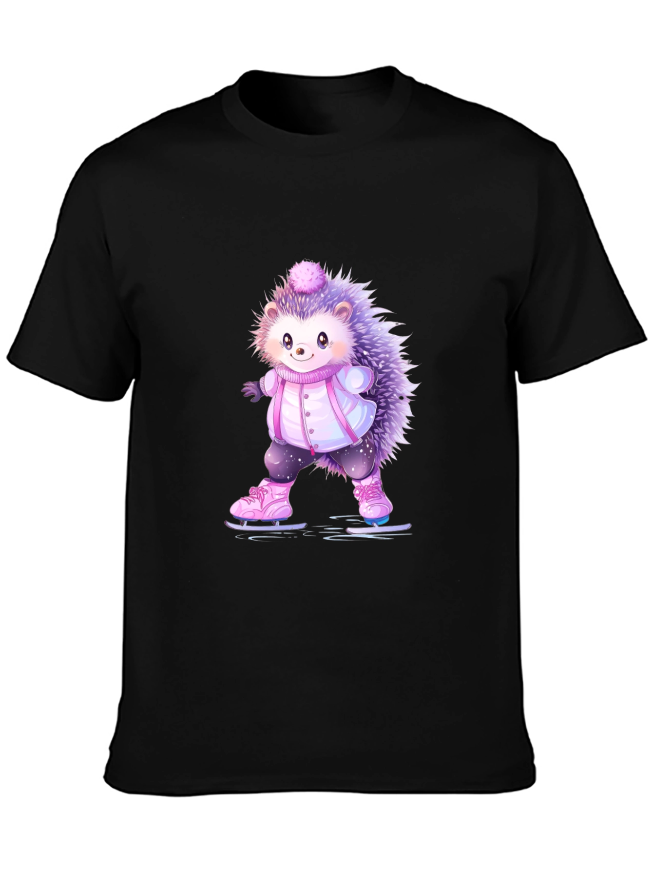 Black Cute Hedgehog Ice Skating T-Shirt view 3
